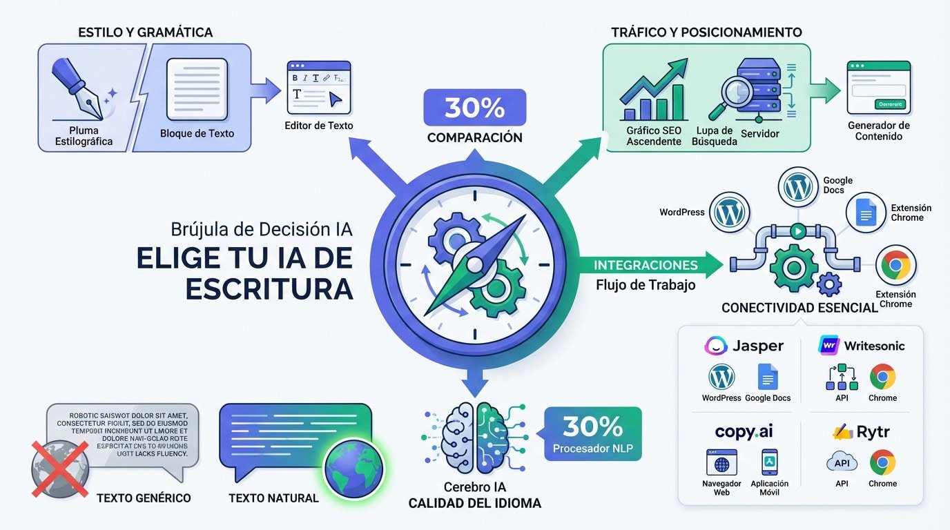 Brújula de decisión para elegir el mejor software de escritura con IA