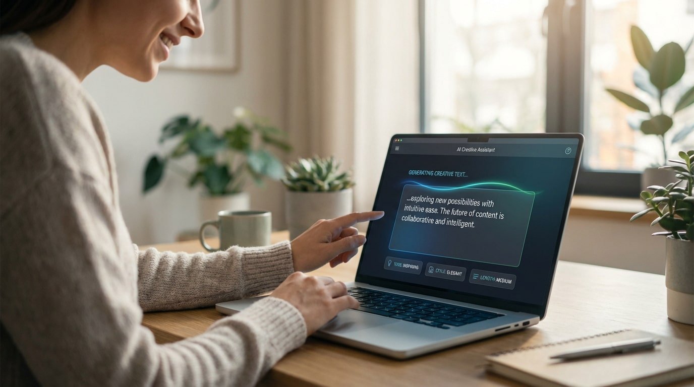 Una mujer sonriente interactúa con una laptop que muestra un generador de texto IA, con plantas y una ventana de fondo.