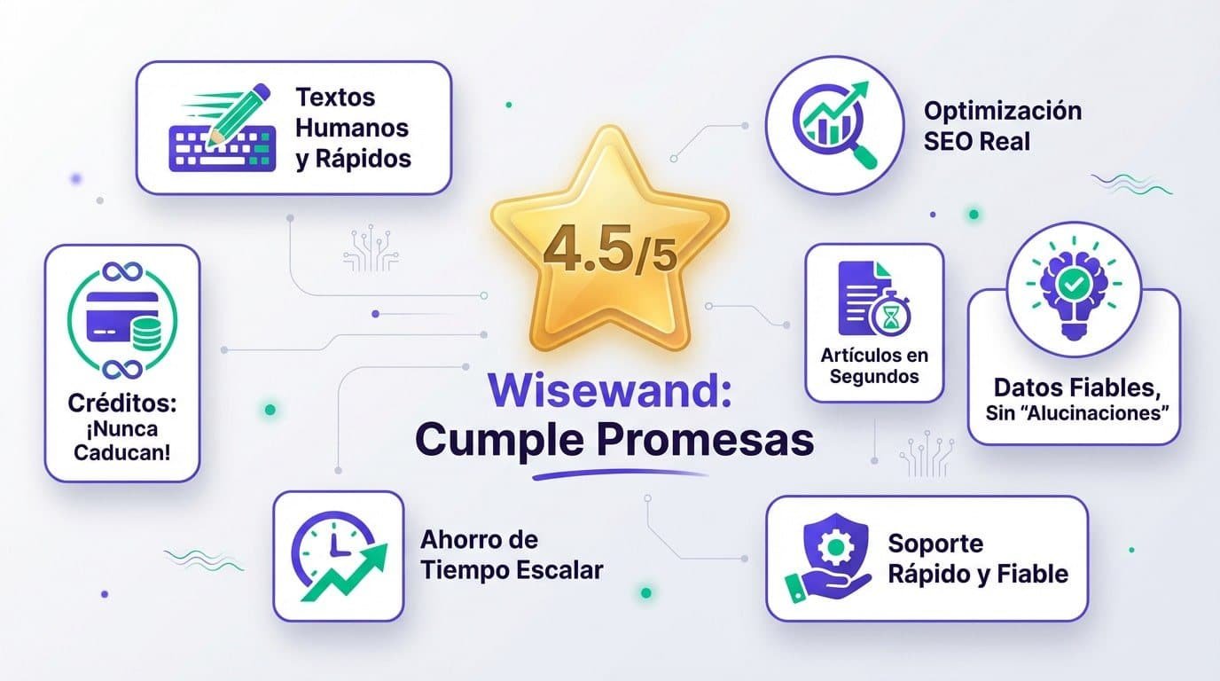 Beneficios clave de Wisewand y su puntuación de 4.5 estrellas