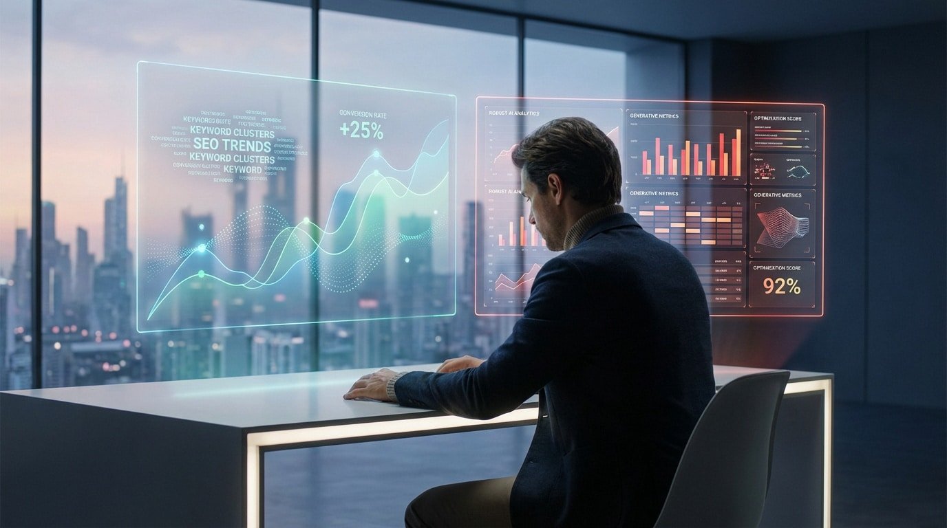 Hombre analizando datos SEO en pantallas holográficas en una oficina moderna con vista a la ciudad, representando tecnología IA.