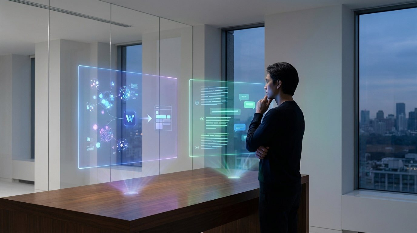Un hombre mira pantallas holográficas que comparan el flujo de trabajo de Wisewand (logo W) y texto/chat de ChatGPT en una oficina moderna.