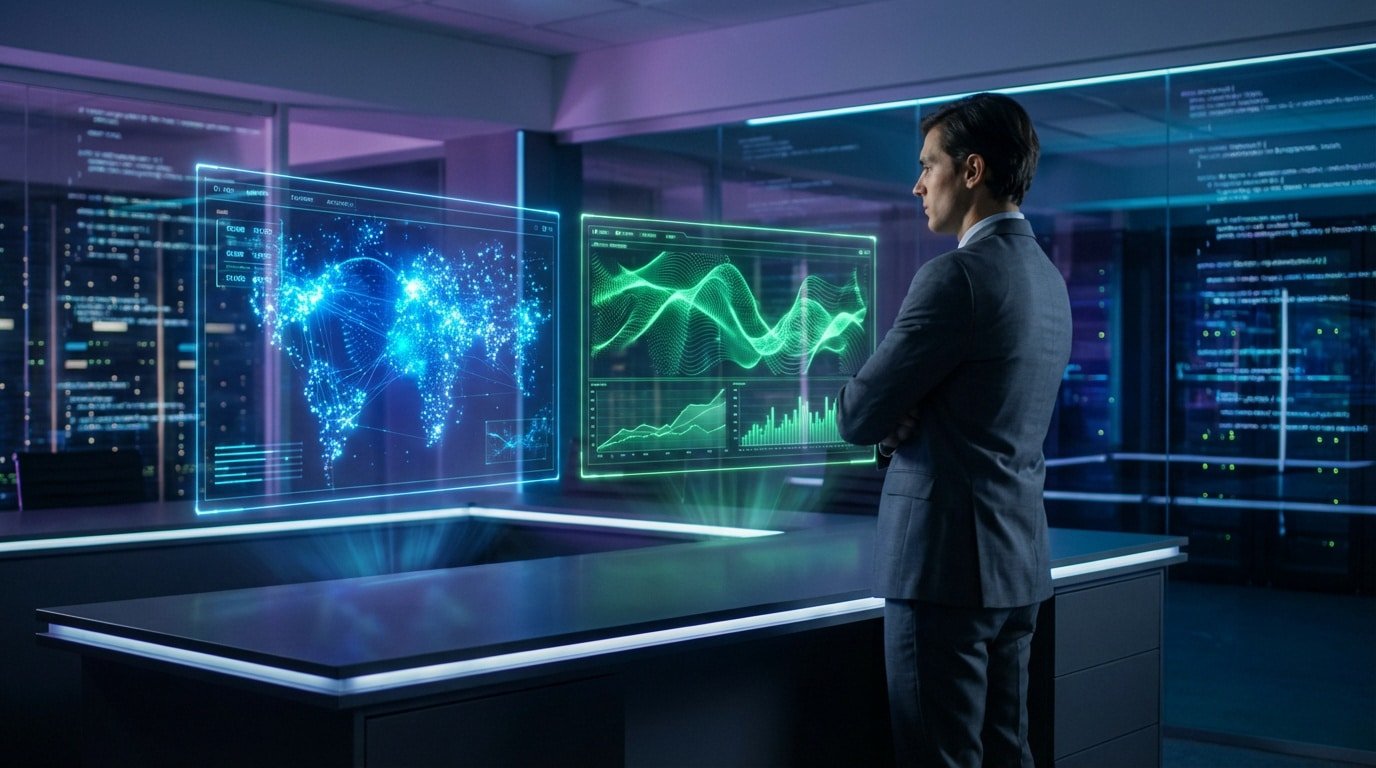 Hombre en traje observa pantallas holográficas con mapa global y gráficos de datos en sala de control moderna.