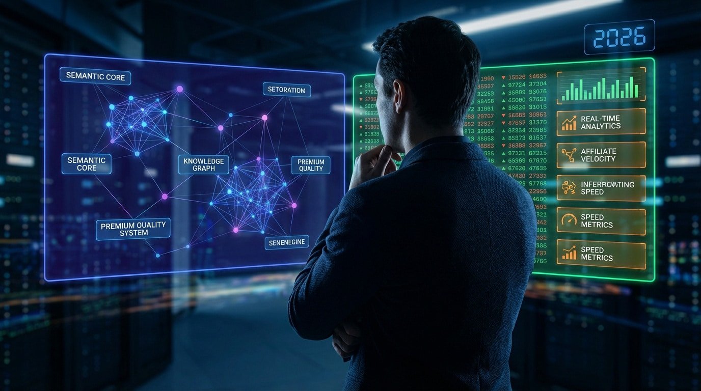 Un profesional mira pantallas holográficas de IA con gráficos de conocimiento y métricas de SEO en tiempo real para 2026.