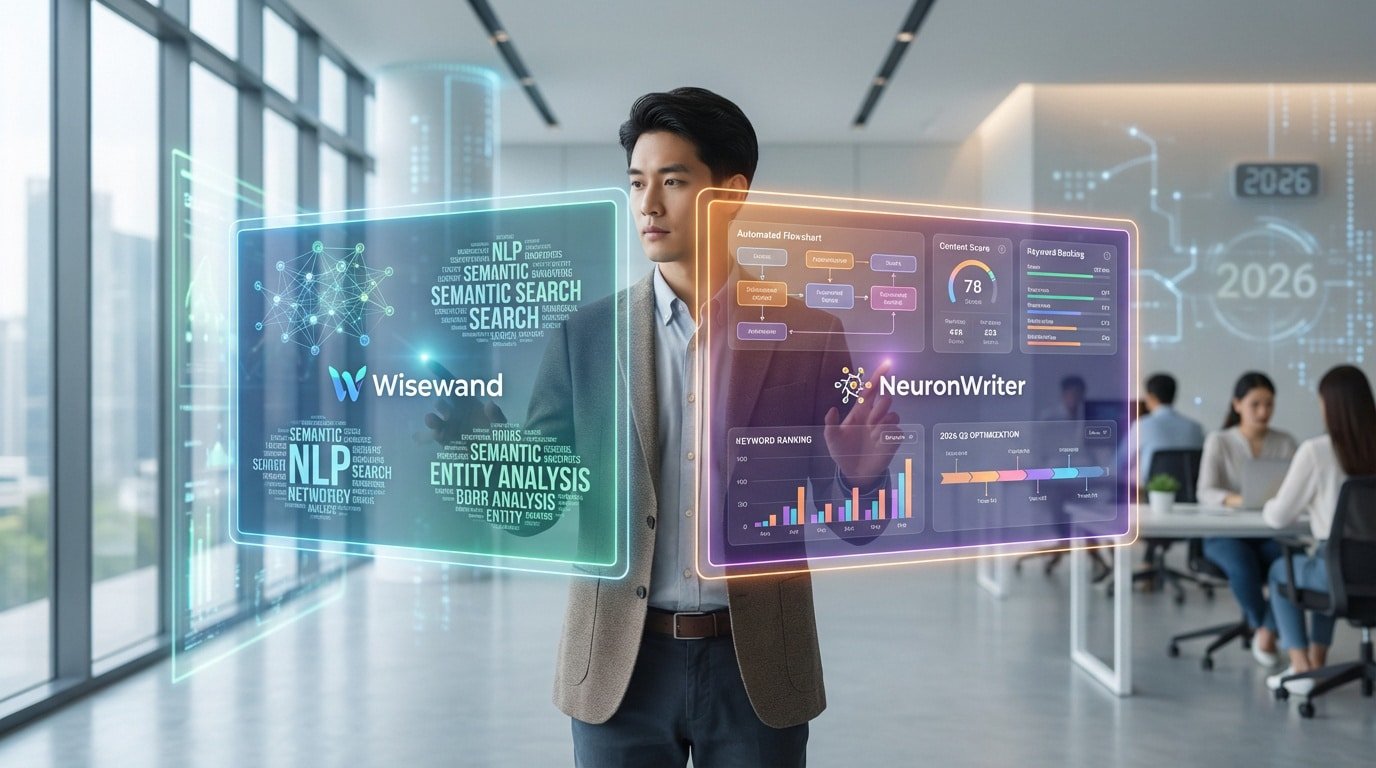 Hombre analiza Wisewand y NeuronWriter en pantallas holográficas futuristas, mostrando datos SEO en una oficina moderna.