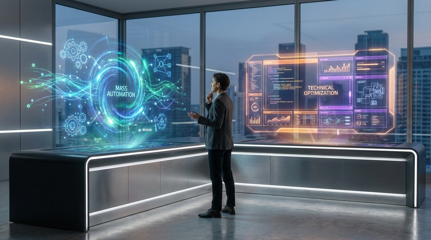 Hombre en oficina futurista interactuando con hologramas de "Automatización Masiva" y "Optimización Técnica". Vistas de ciudad al fondo.