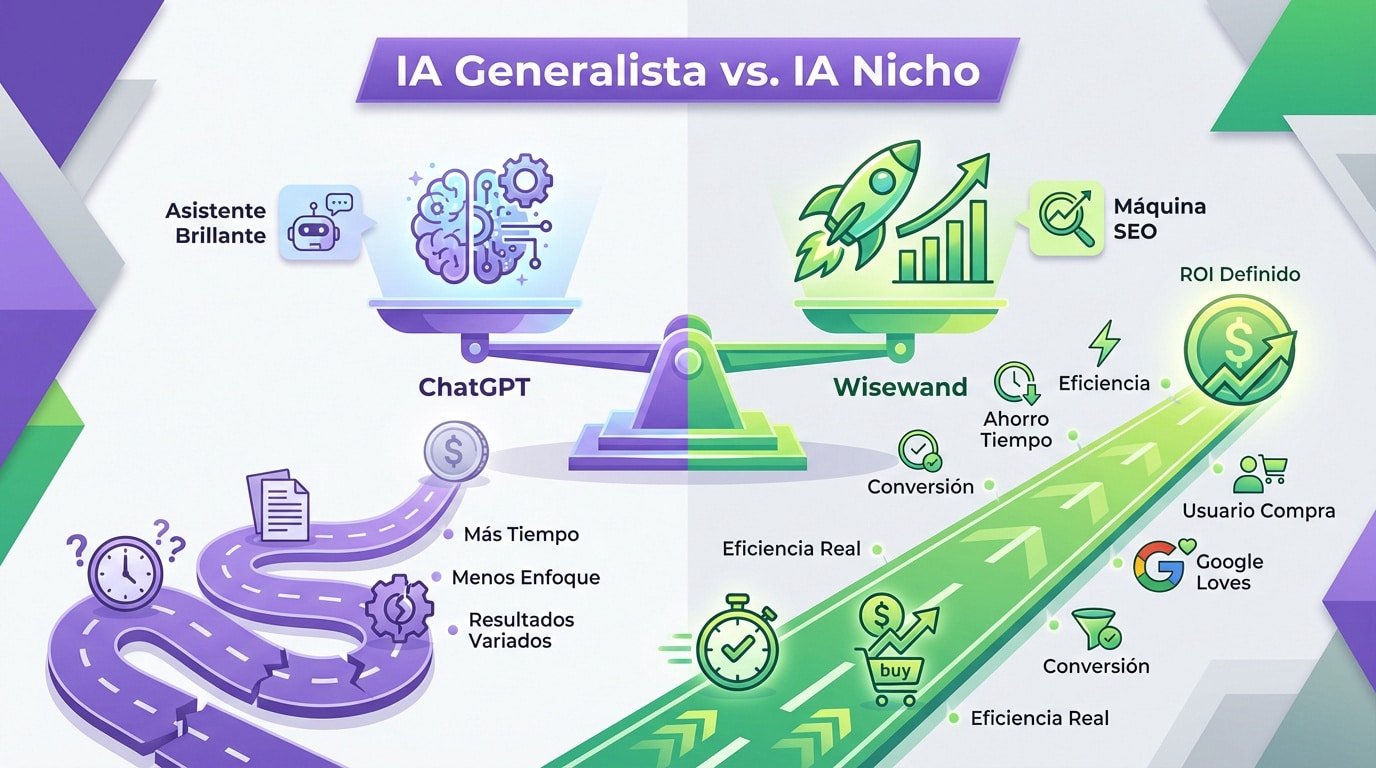 Comparativa entre inteligencia artificial generalista como ChatGPT y especializada en SEO como Wisewand