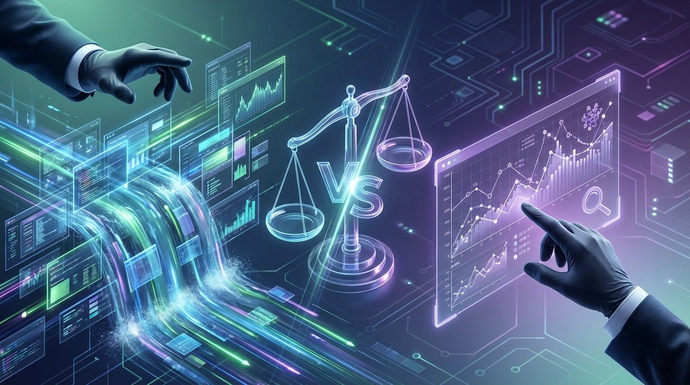 Manos digitales interactuando con flujos de datos y pantallas holográficas de gráficos, con una balanza de comparación 'VS' en el centro, simbolizando análisis SEO.