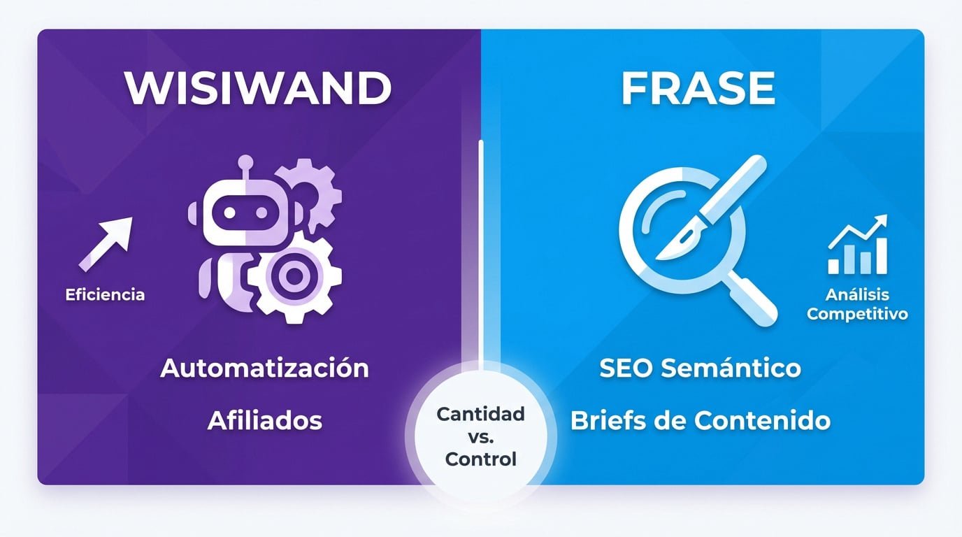Comparativa entre Wisewand para automatización masiva y Frase para control editorial SEO