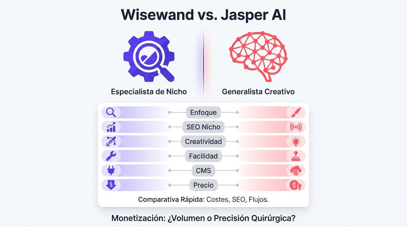 Comparativa estrat&eacute;gica entre Wisewand y Jasper AI para redactores SEO