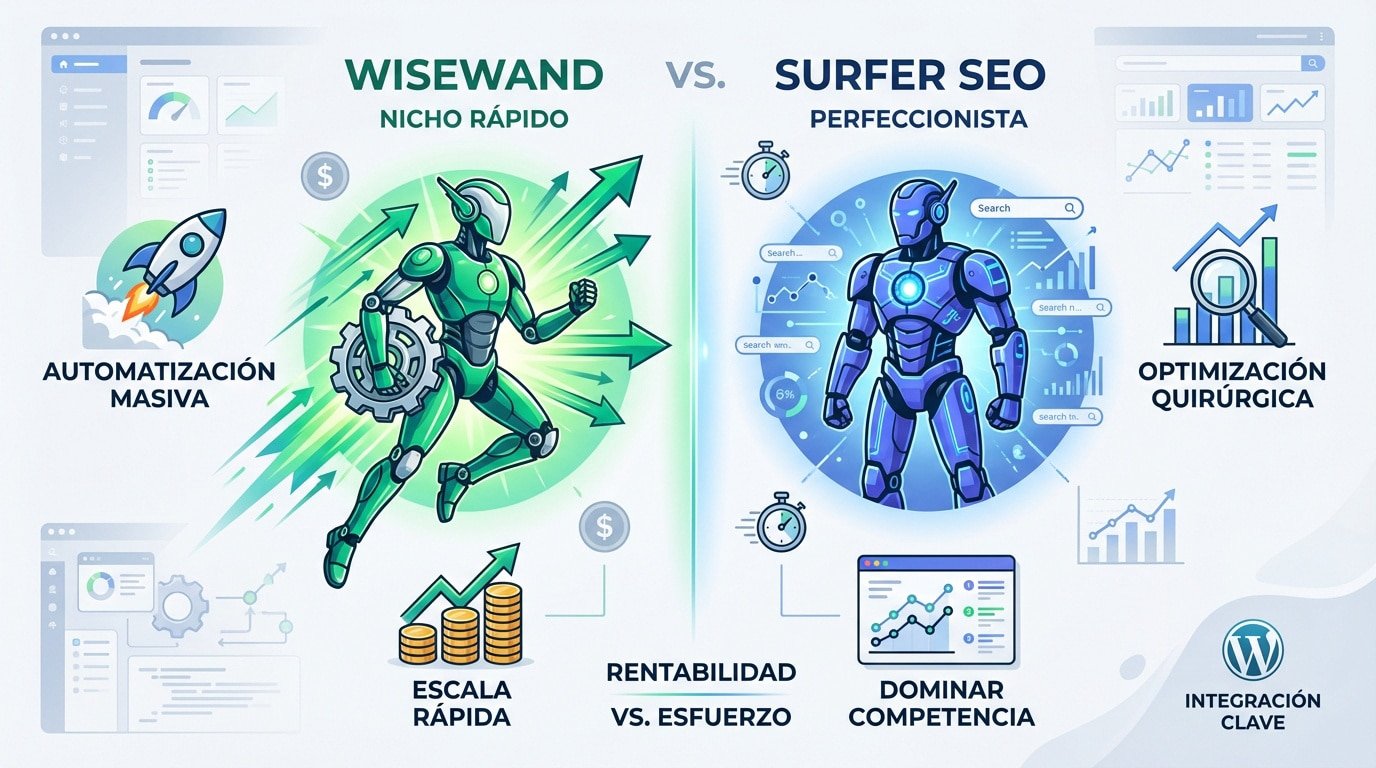 Comparativa visual entre Wisewand y Surfer SEO mostrando automatización frente a optimización detallada